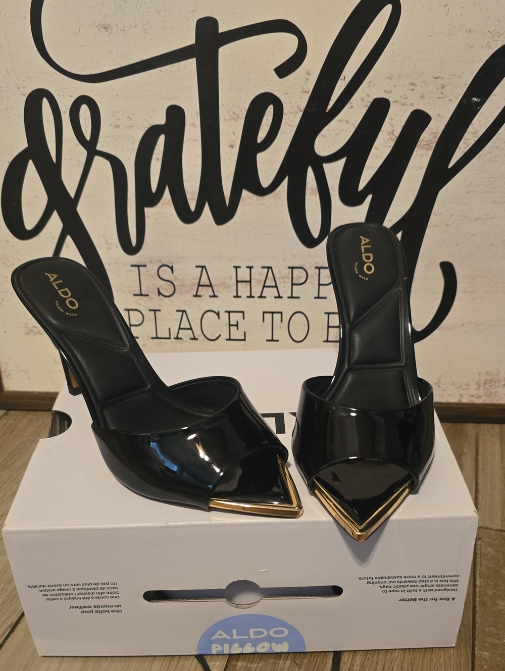 ALDO Black Patent Pointed Toe Slide Mules with Gold Trim